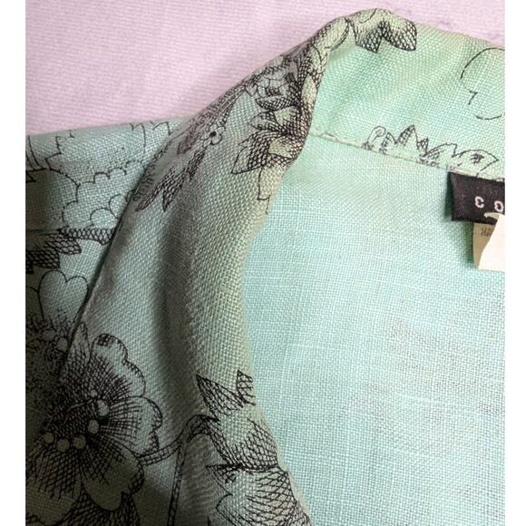 Vtg 1990s Comfy USA Mint Green Illustrated Floral Print Linen Button Up Top XL - Picture 5 of 7